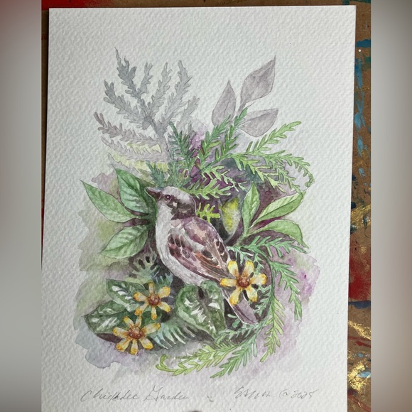 Original painting chickadee bird garden art botanical nature decor Artettina USA - Picture 4 of 8
